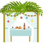 A table with a palm tree and a bottle of wine.