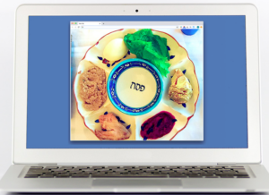 A laptop with a plate of food on the screen.