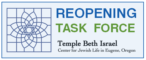 A blue banner with the words temple beth israel center for jewish life in green.