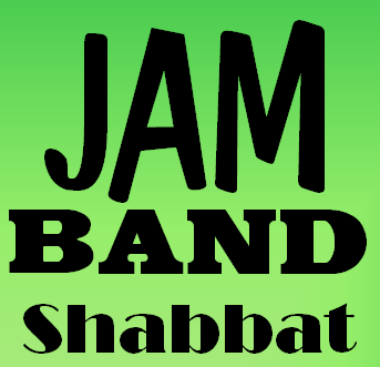 A green background with the words jam band shabbat written in black.
