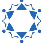 A blue and white logo of people in the shape of a circle.