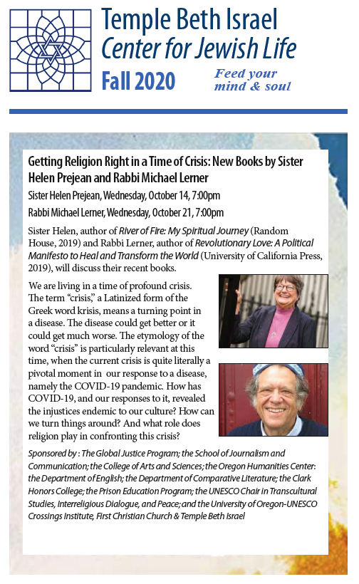 A flyer with two people and the text " getting religion right in a time of crisis : new books by sister helen preparatory, rabbi maria