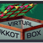 A virtual sukkot box with a wooden frame and palm trees.
