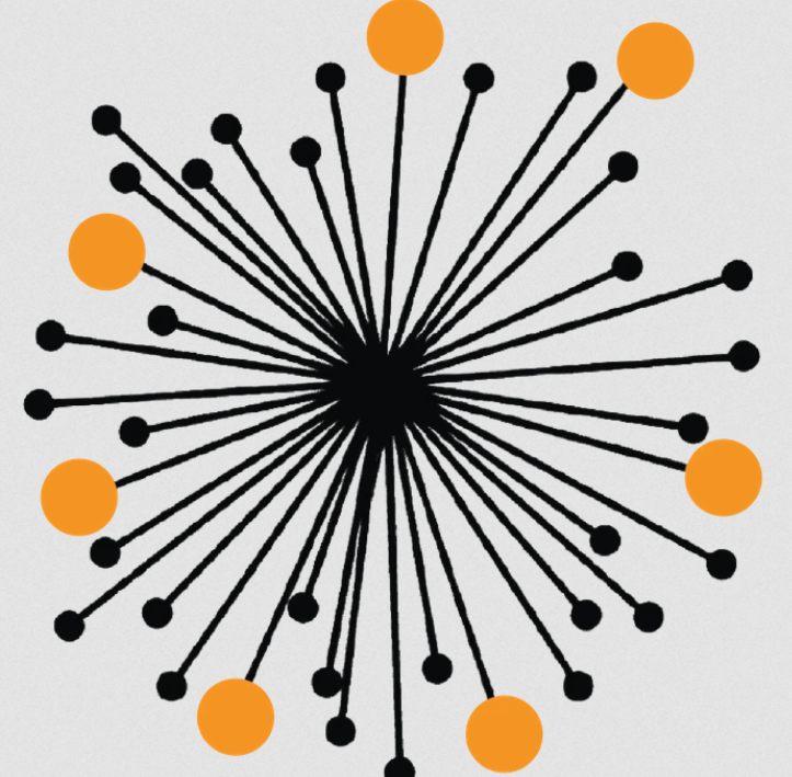 A black and orange abstract design with circles.