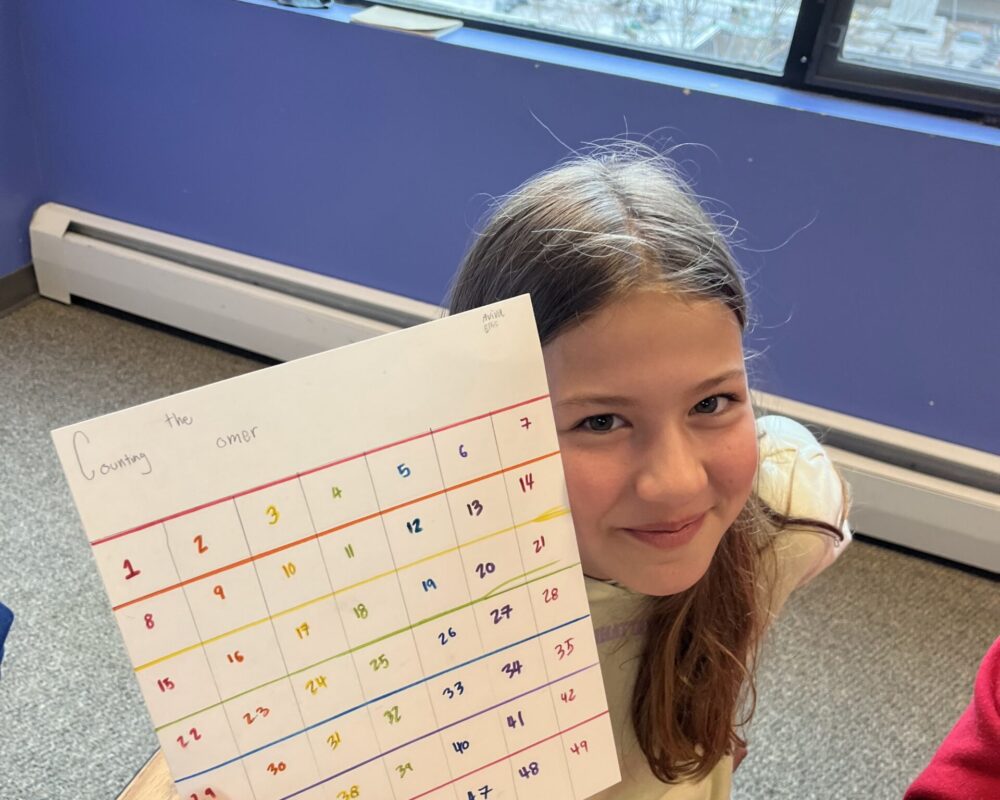 A girl holding up a sheet of paper.