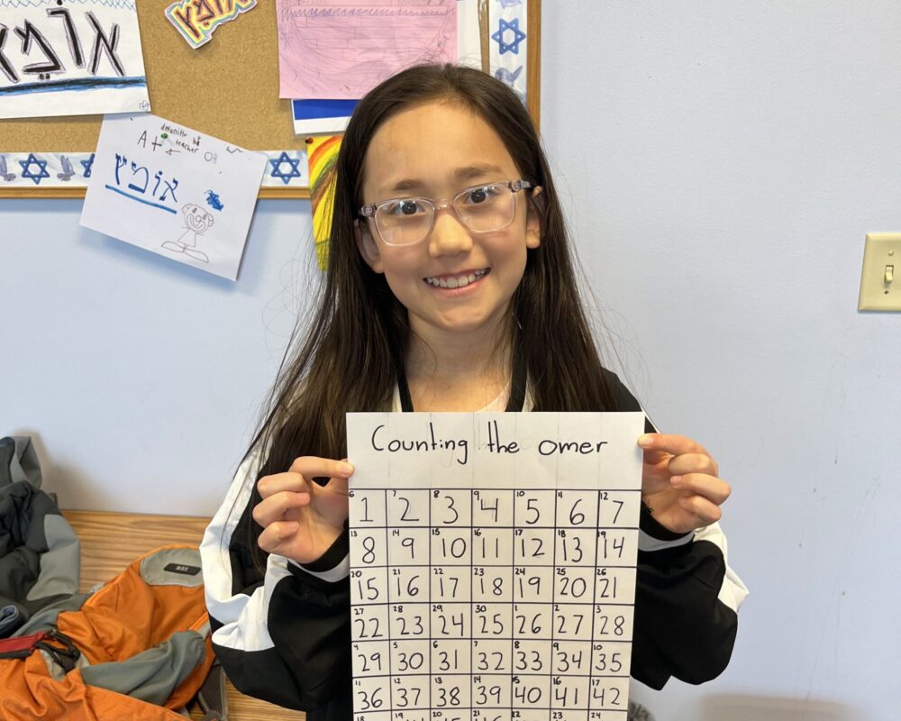 A girl holding up a paper with numbers on it.