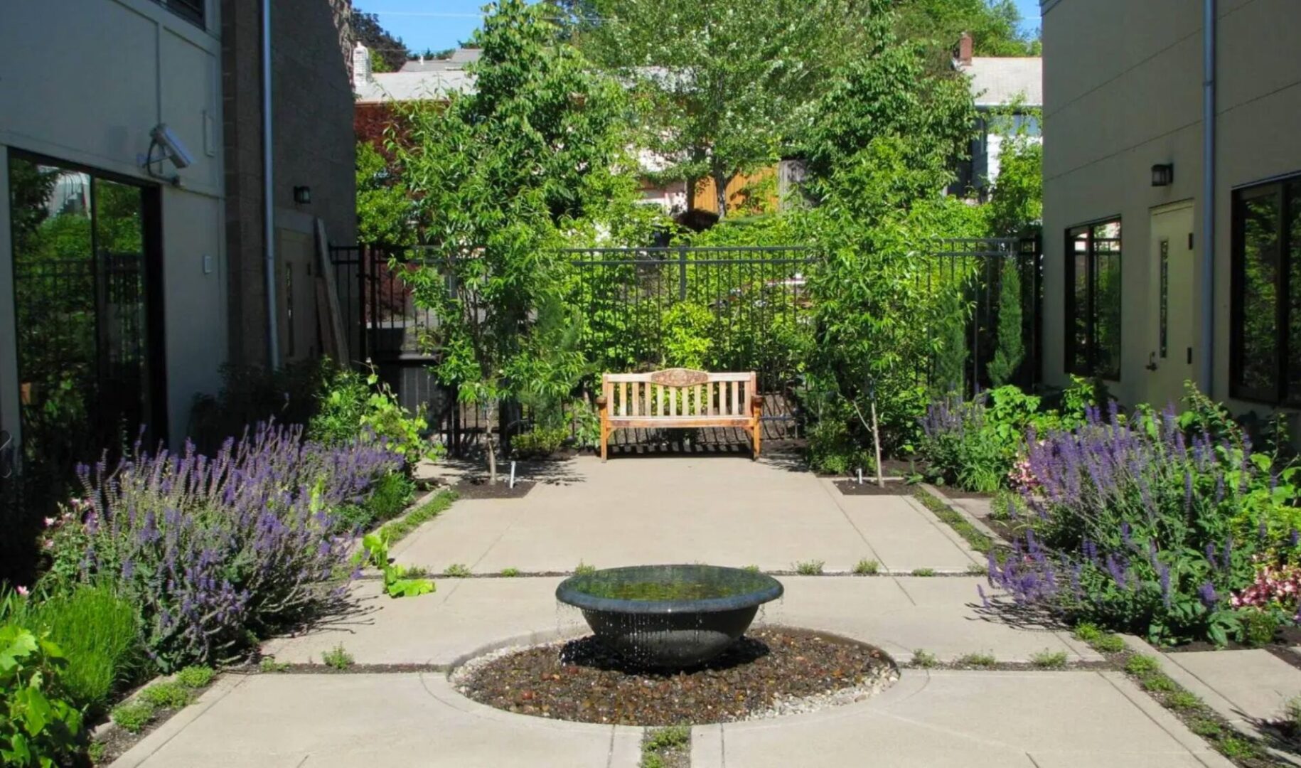 A garden with benches and trees in the background.